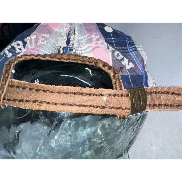 True Religion Pink Blue Madras Cotton Metal Accent Distressed Hat OSFA RARE NWOT - Picture 10 of 10